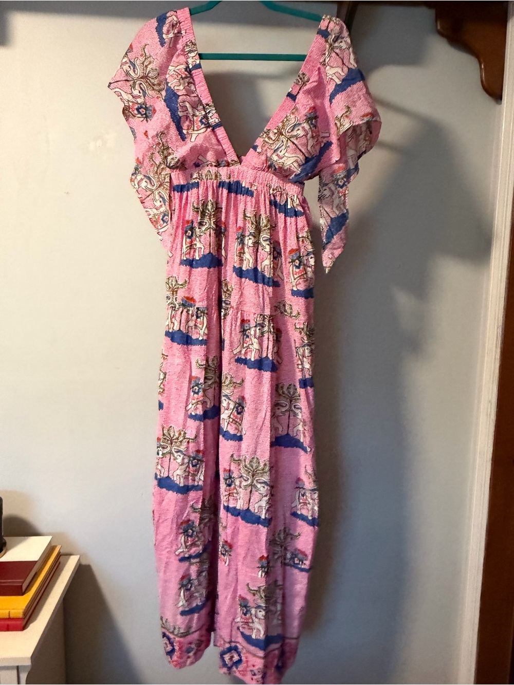 Mary Marshmallow Pink Elephant Cotton Maxi Dress S Flutter Sleeve